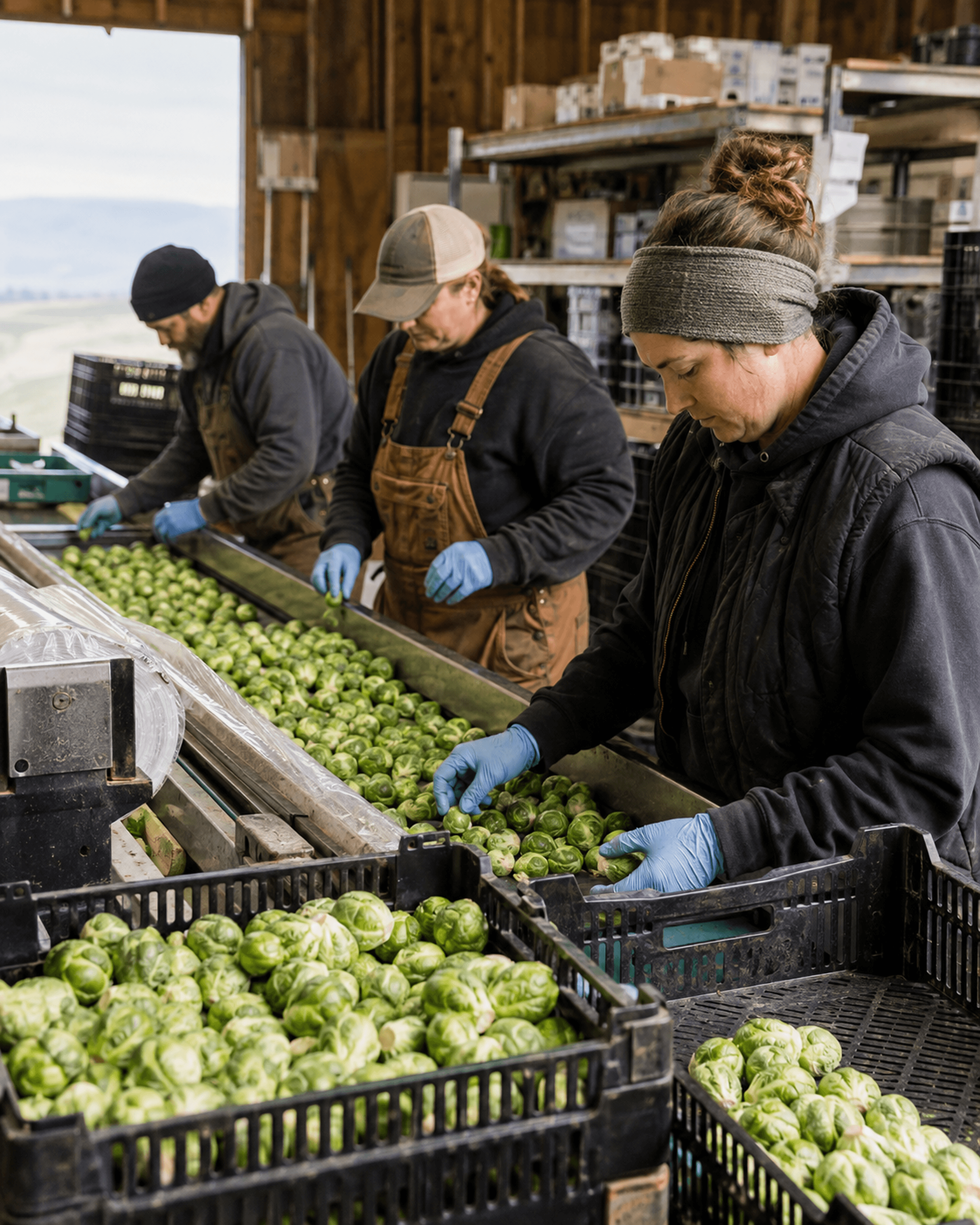 Farm workers sorting and packing Montana-grown produce inside a small agricultural operation.