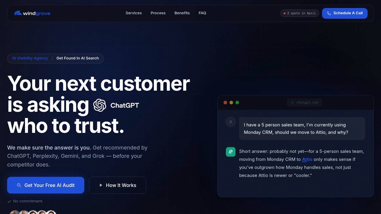 Windgrove AI homepage showing AEO-first positioning with ChatGPT, Perplexity, Claude, Gemini, and Grok logos