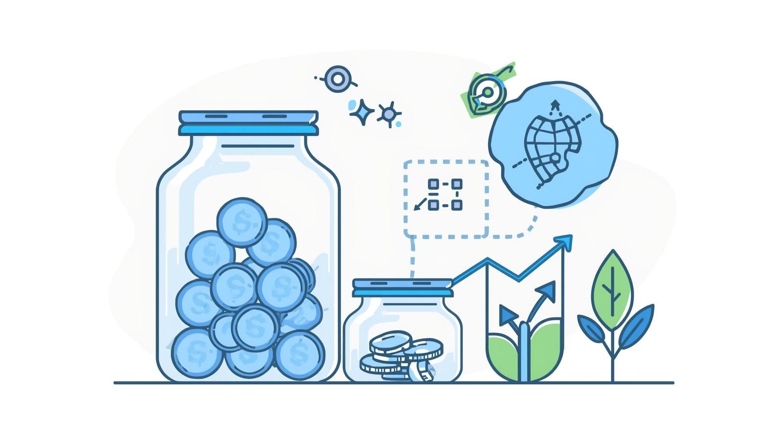 Flat vector illustration of a large overflowing coin jar beside a smaller jar with neatly organized coins flowing efficiently toward icons for team, product, and growth (represented by simple shapes). Clean modern composition, bright blues and greens, no text
