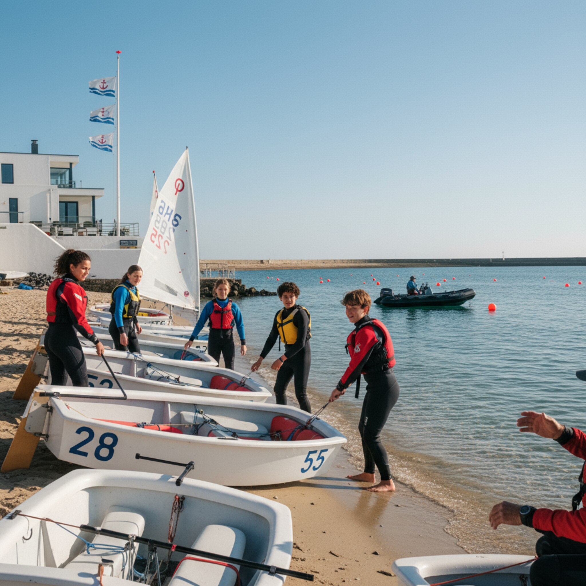 Mehrere Optis liegen am Strand bereit, Jugendliche ziehen die Boote ins glitzernde Wasser. Ein Trainer im RIB gibt stille Handzeichen, Fahnen flattern am Clubmast. Leichte Brise, waches Lächeln, geordnete Abläufe. Die Bucht öffnet sich weit, Bojen markieren das Übungsfeld.