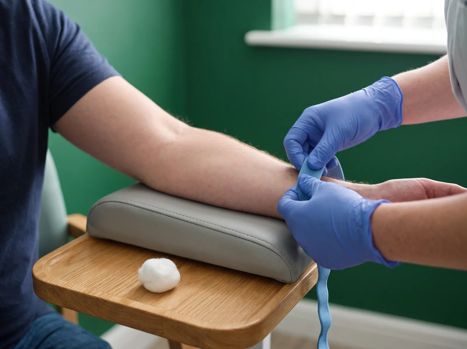 Gloved hands fastening a tourniquet around a patient's upper arm