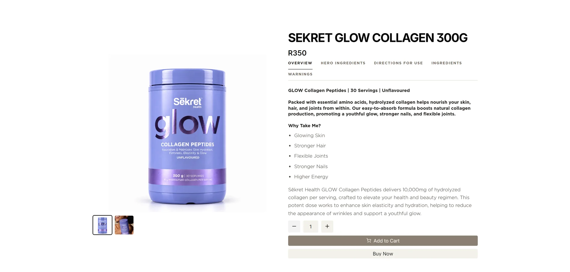 Sēkret Health Glow Collagen product page with Shopify cart and checkout inside a Framer design