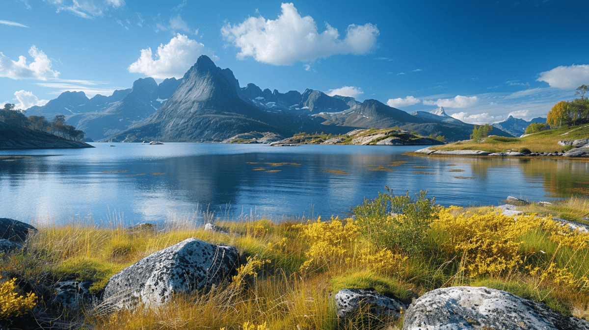 Scenic lake with grassy shoreline, rocky foreground, and mountains under a bright blue sky.
