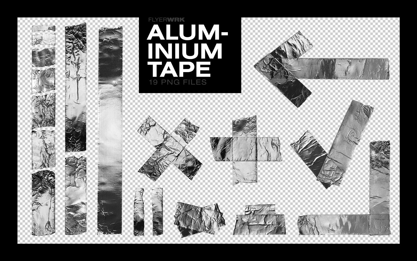 Isolated Adhesive Tape Pieces aluminum tape collection with nineteen silver metallic shapes on transparent background