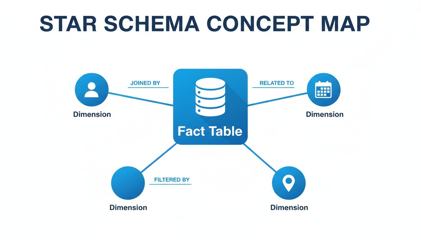 A concept map illustrating a star schema with a central fact table linked to multiple dimension tables.