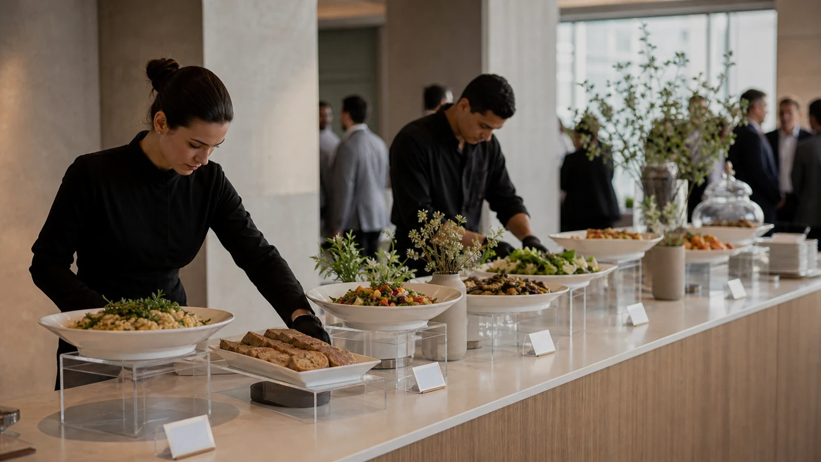 Equipe de catering montando buffet corporativo com opções alimentares identificadas