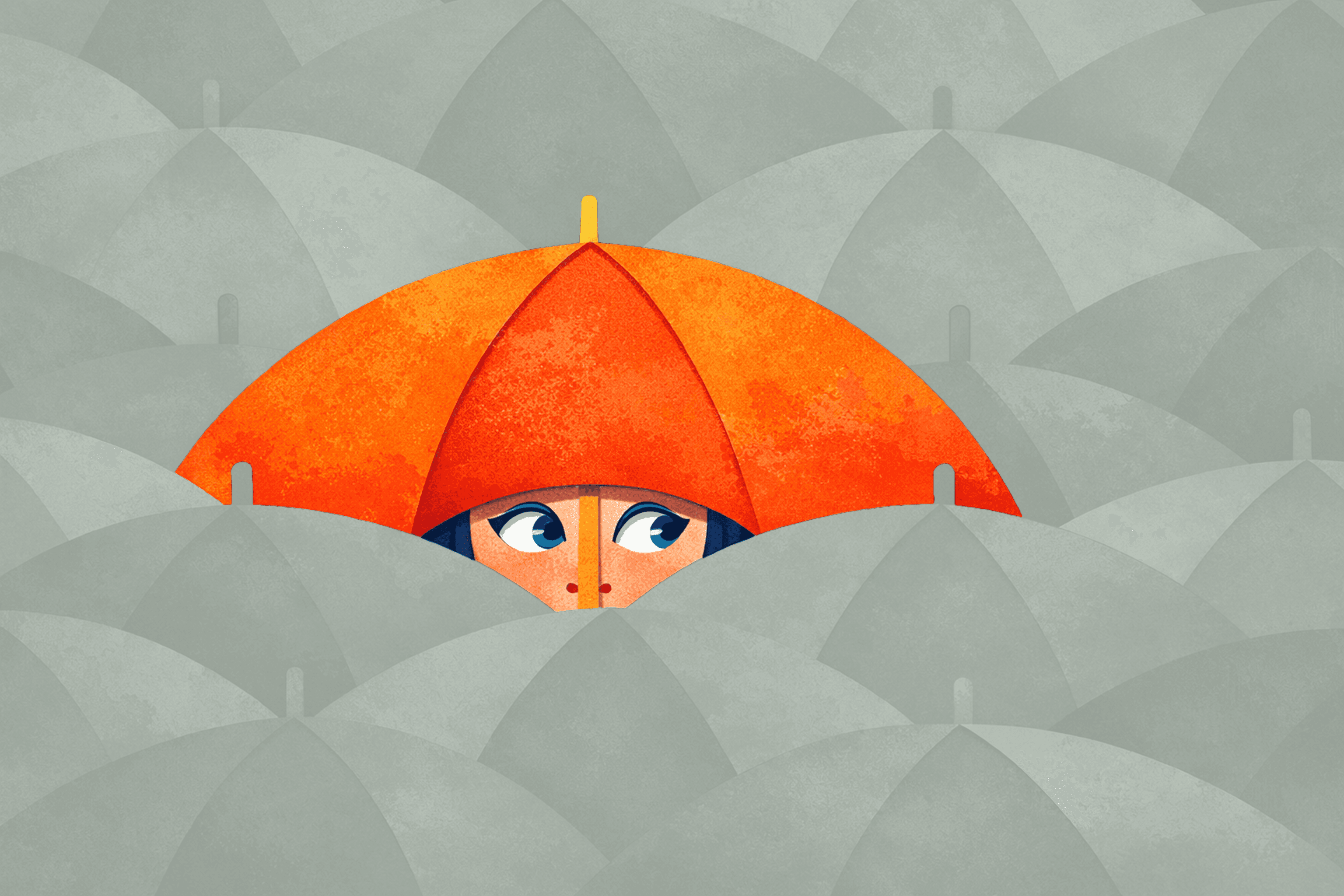 A stylized digital illustration showing a person’s eyes peeking over the edge of a bright orange umbrella. They are surrounded by a dense crowd of muted grey umbrellas, creating a stark contrast between the individual and the crowd.