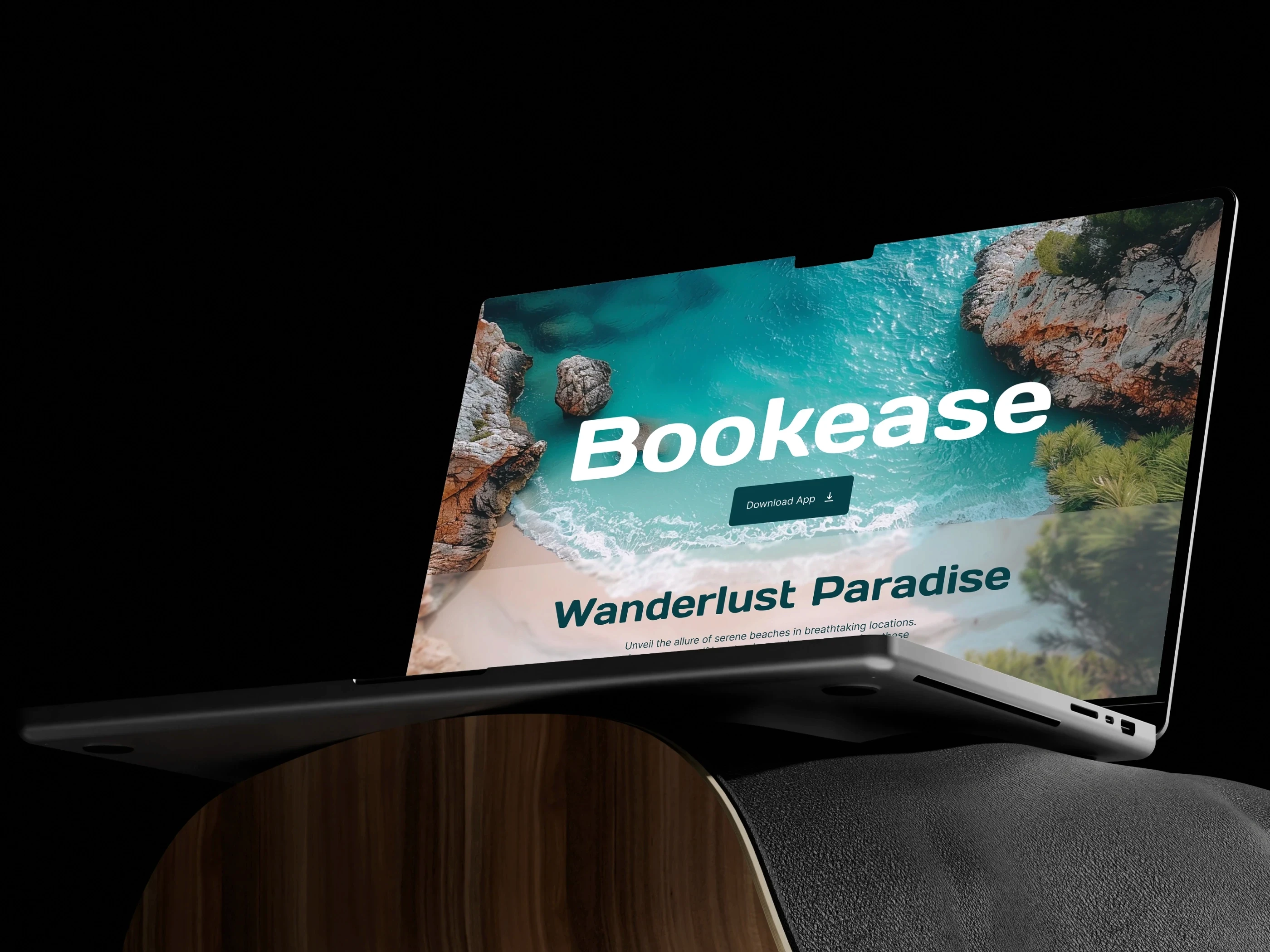 BookEase travel booking template on laptop mockup with beach hero image and Wanderlust Paradise headline.