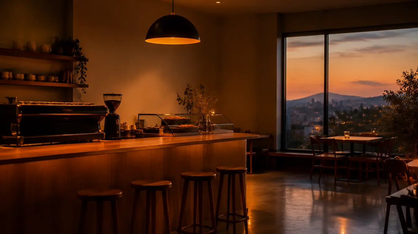Minimalist café interior at dusk with a pendant light casting warm orange glow over a wooden counter