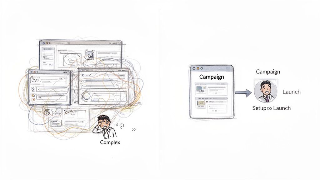 Illustration contrasting a complex system with multiple tangled windows against a simplified campaign launch workflow.