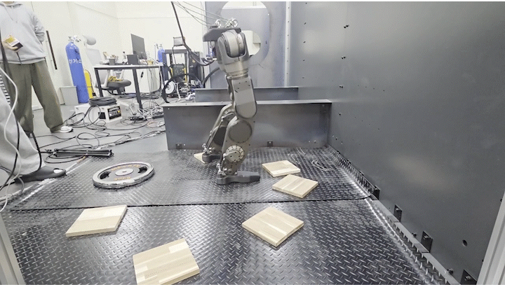 The bipedal platform's lower body, built around the same in-house actuator module. The platform reached two-legged walking immediately after the in-house actuator was applied.