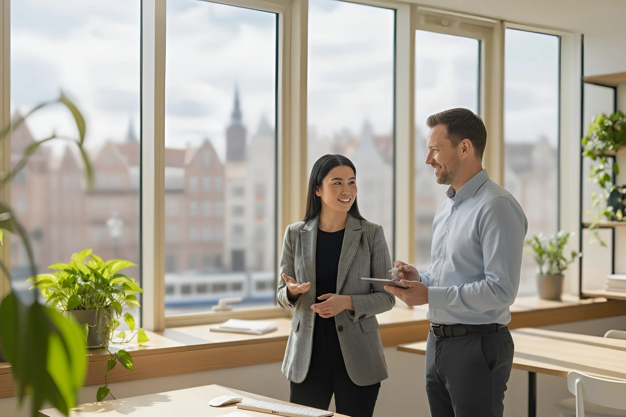 Zwei Kollegen im modernen Büro mit Stadtblick – Symbol für Zusammenarbeit bei CO2-Reduktionsmaßnahmen im Unternehmen