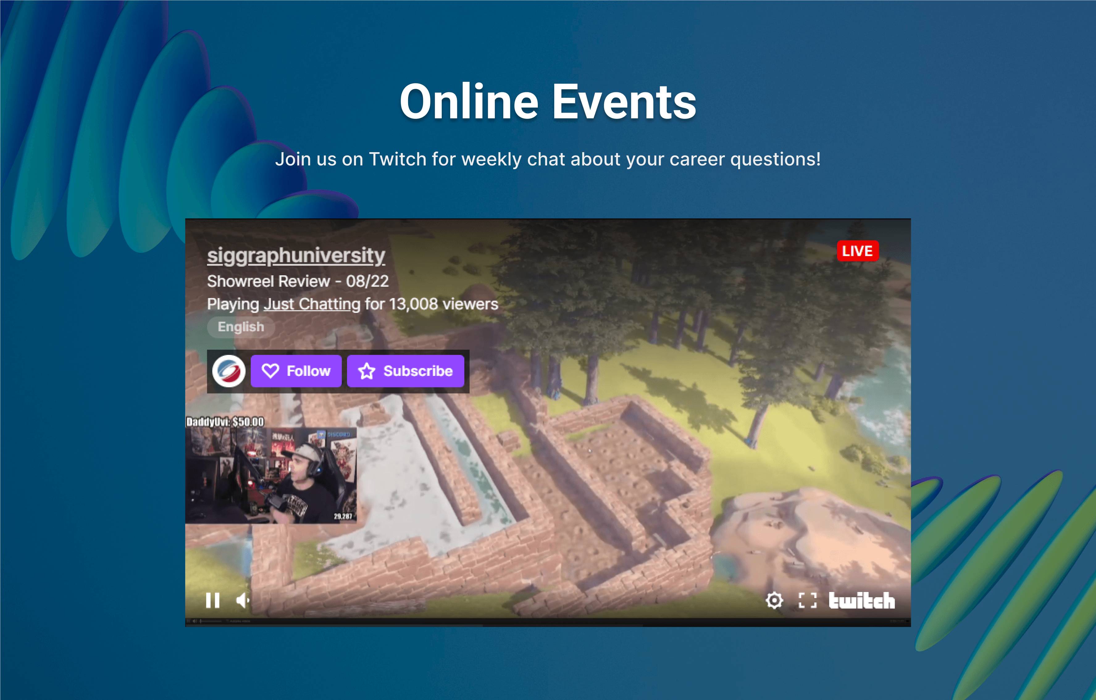 A UI screenshot of an online learning platform with the section named "Online Events" showing a Twitch livestream.