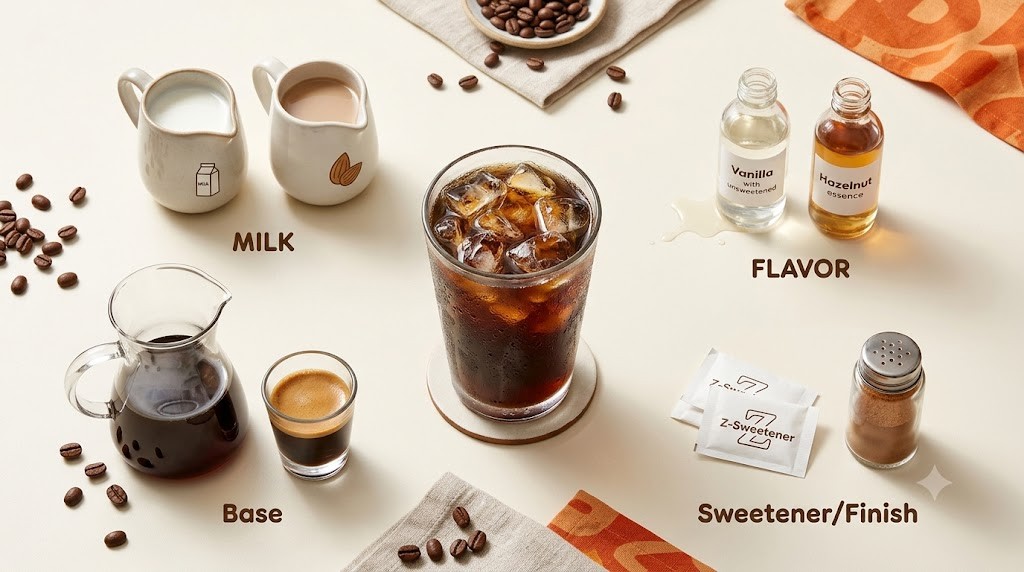 A top-down photograph showing a center glass of iced coffee surrounded by four labeled customization options: milk (cow's milk and almond milk pitchers), flavor (vanilla and hazelnut syrups), base (cold brew and espresso), and sweetener/finish (cinnamon and zero-calorie packets).