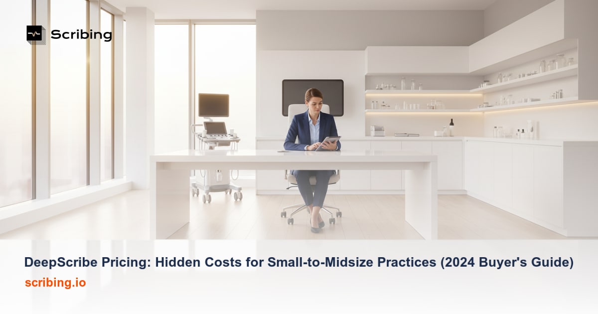 Small medical practice evaluating AI scribe software pricing and hidden costs at a desk with financial documents