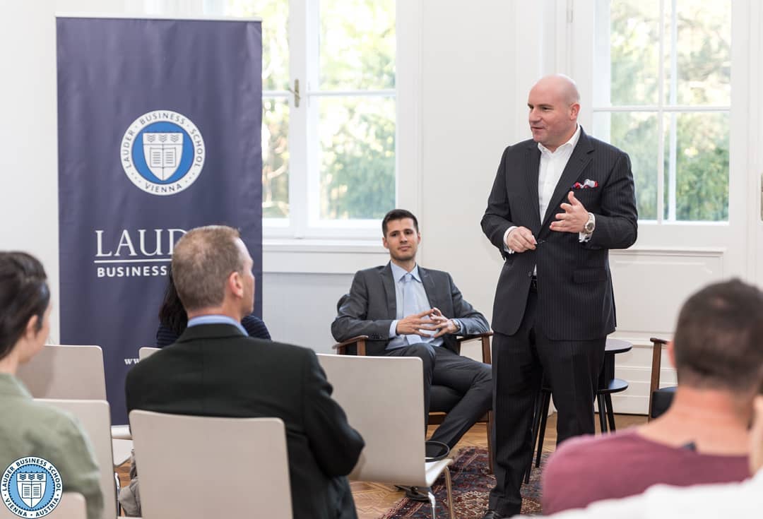 Dr. Florian Koschat, the CEO of Pallas Capital Advisory AG talks to LBS students
