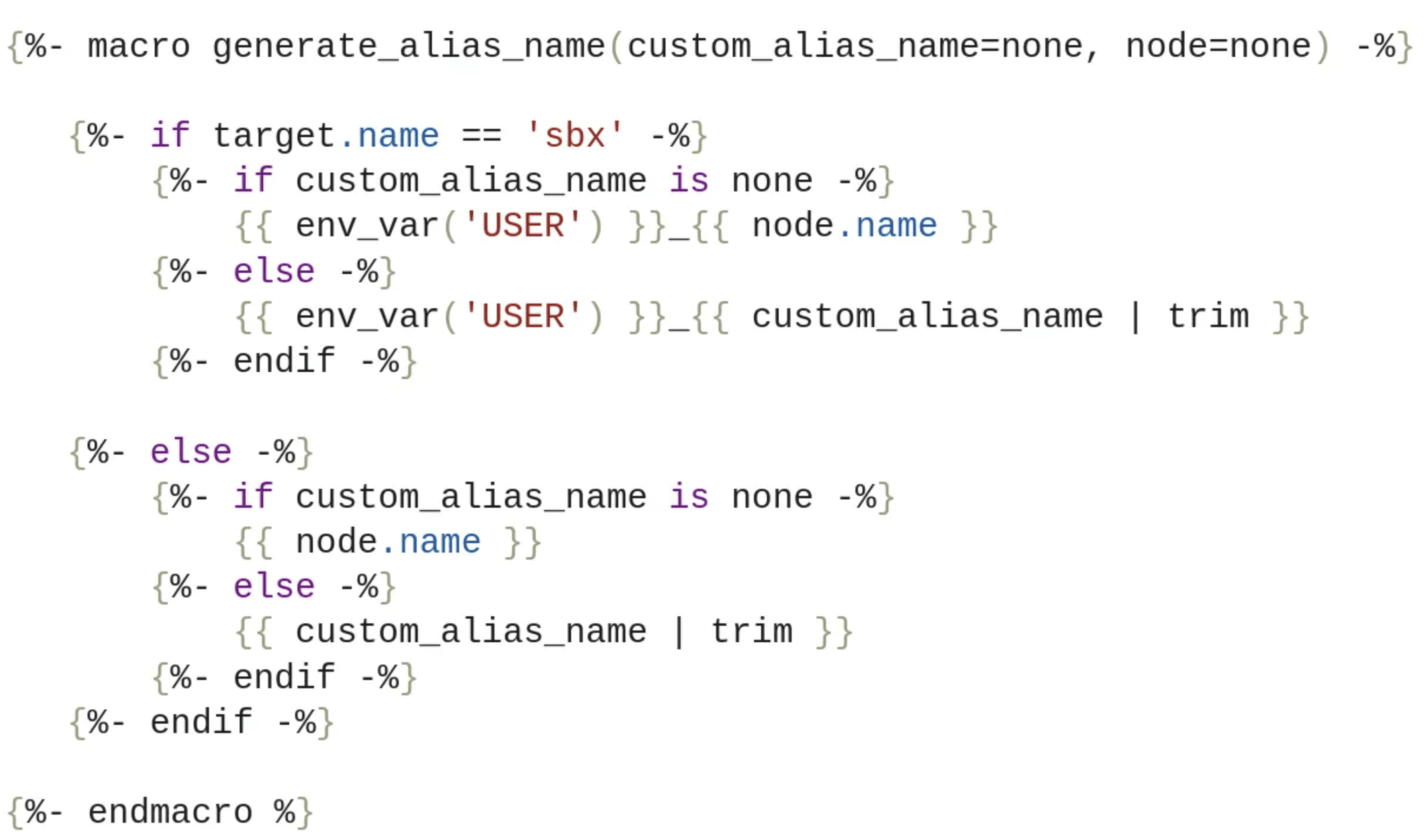 A Jinja template for a dbt macro named generate_alias_name, which is used to dynamically create alias names for database objects based on the user environment or custom alias, contributing to organized and personalized data management in dbt workflows
