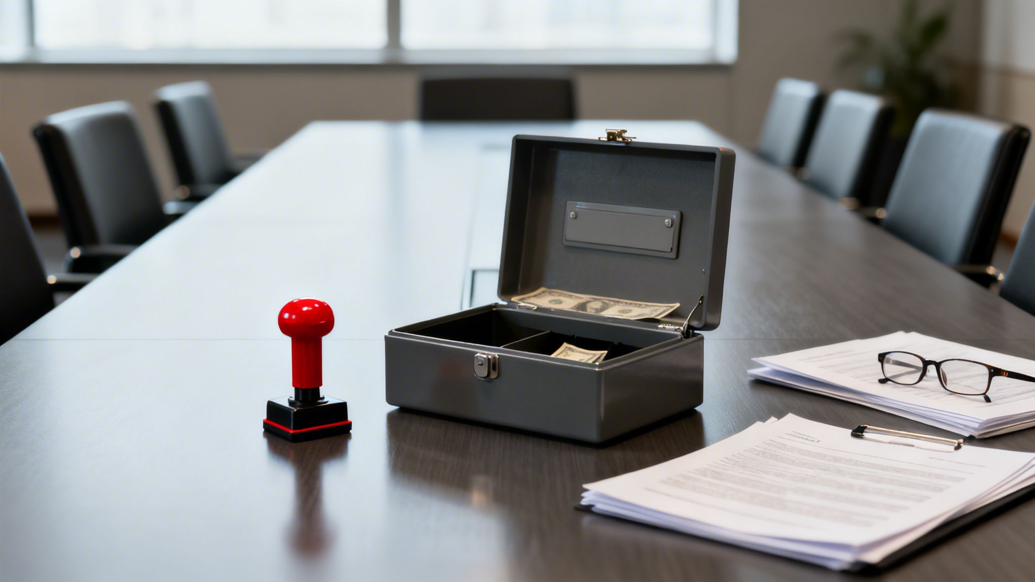 Ett konferensrumsbord med en öppen kassalåda, pengar, en röd stämpel och dokument.