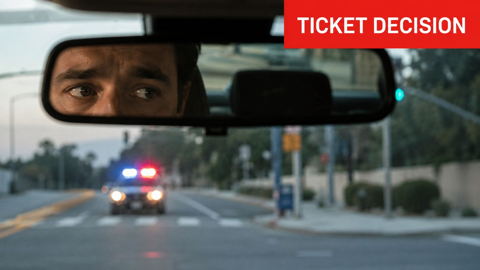 A worried driver looking into the rearview mirror at a police car with flashing lights behind them.