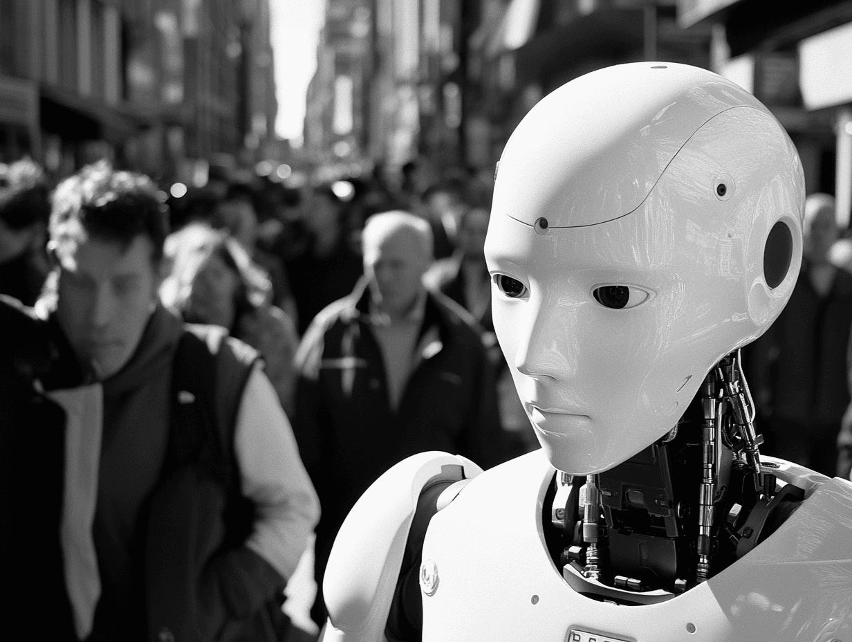 robot walking down the street among humans