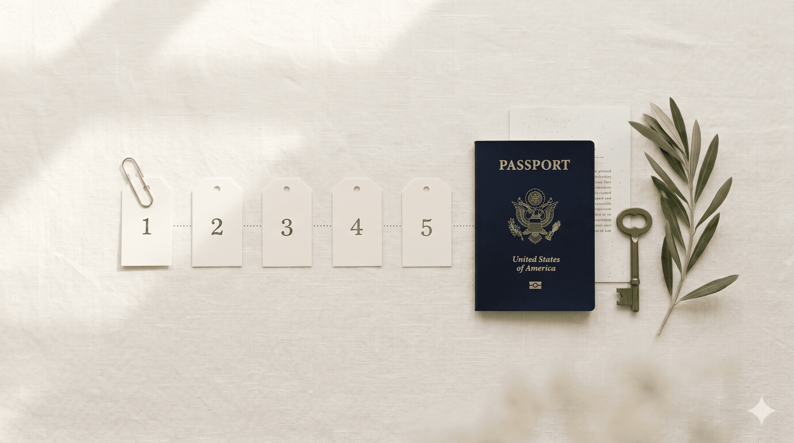A flat-lay showing a sequence of numbered cards with the first card highlighted, a US passport, and a brass key, illustrating that obtaining a NIF is the first step in the Portugal relocation process.