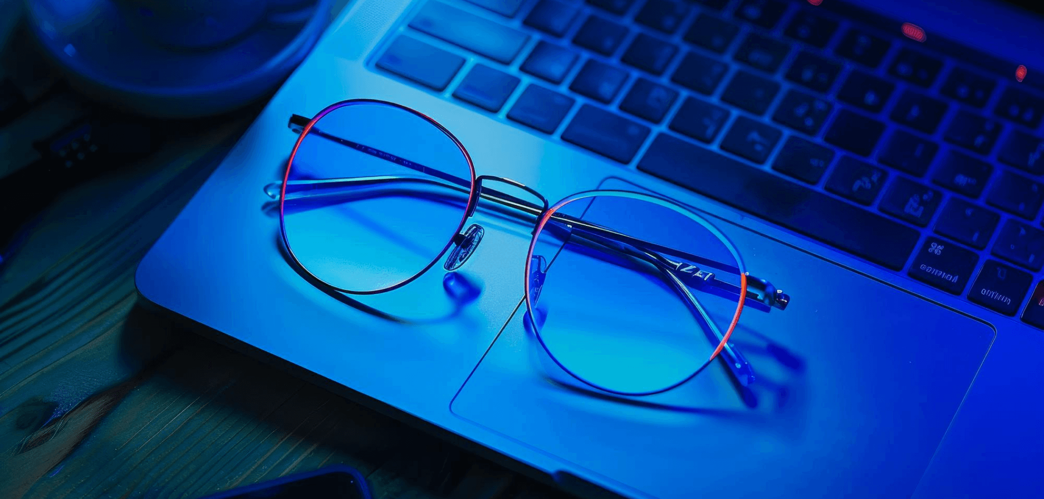 Round blue-light glasses resting on a laptop keyboard under cool blue lighting, emphasizing screen protection and modern workspace aesthetics.