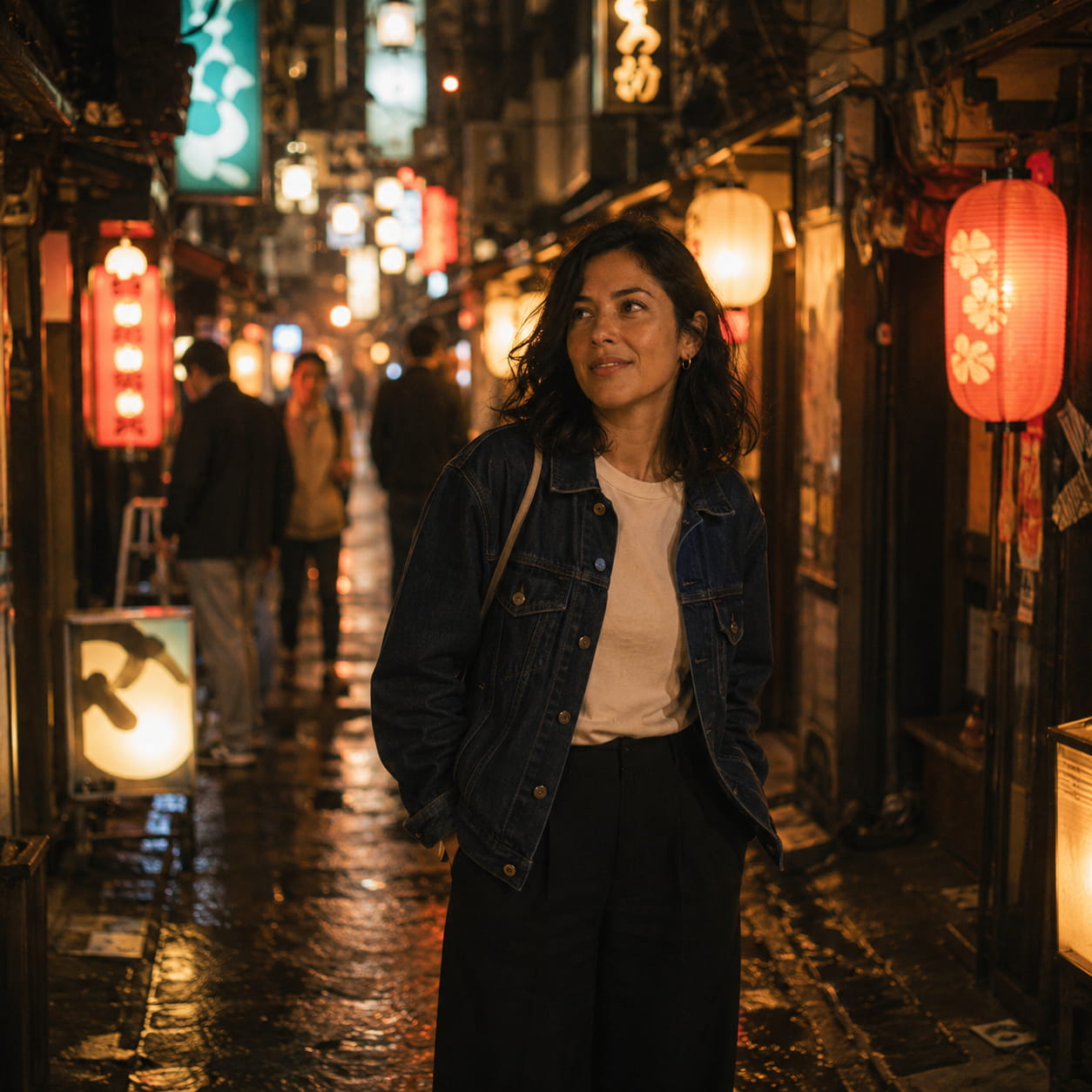 Woman in a denim jacket walking through a vibrant, lantern-lit alley at night, evoking a cozy and lively urban atmosphere with soft reflections on wet pavement.
