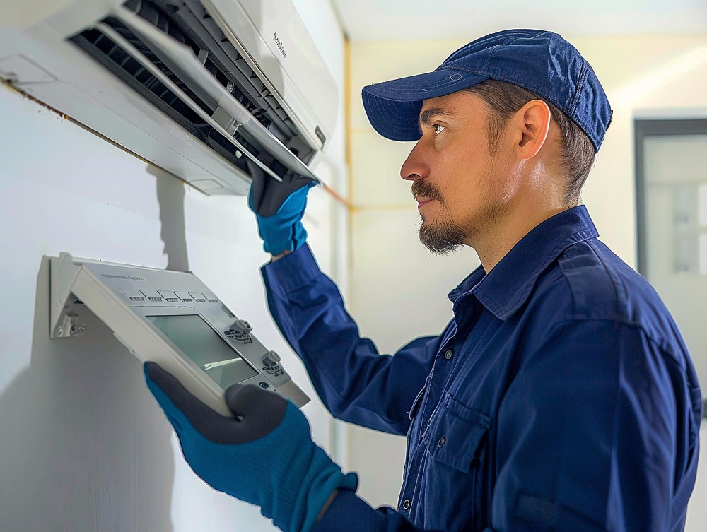 A man in a blue uniform is looking into a refrigerator