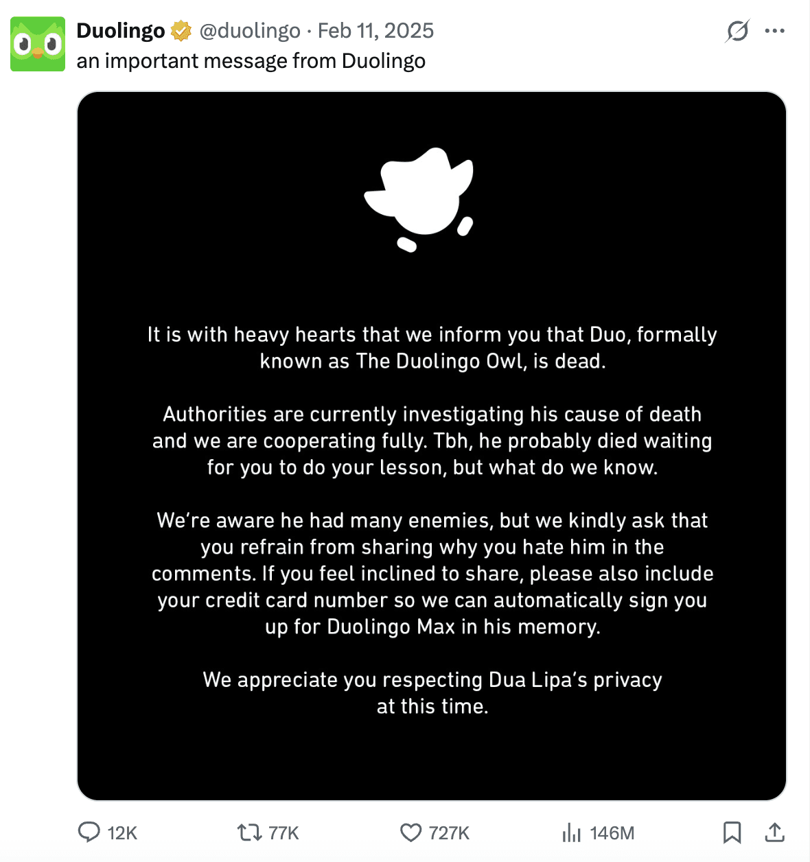 Screenshot from Duolingo’s social media, where Duo the owl is humorously declared “dead.”