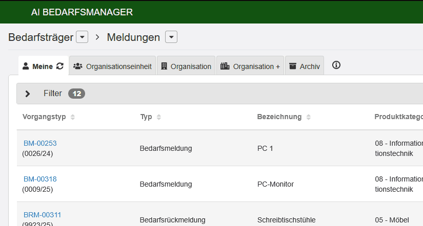Bildausschnitt aus dem AI BEDARFSMANAGER: Meldungen