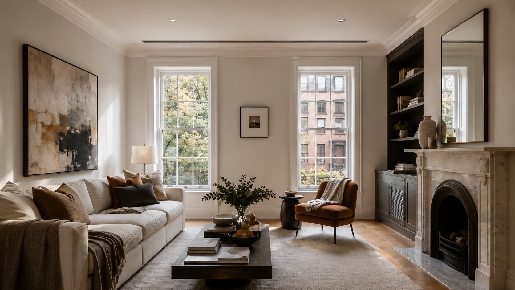 Refined residential living room with a discreet linear ceiling diffuser.