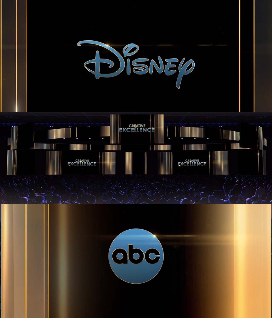 Disney and ABC logos displayed across immersive stage screens during an Upfront event, showcasing choreographed motion design and adaptive visual storytelling systems.