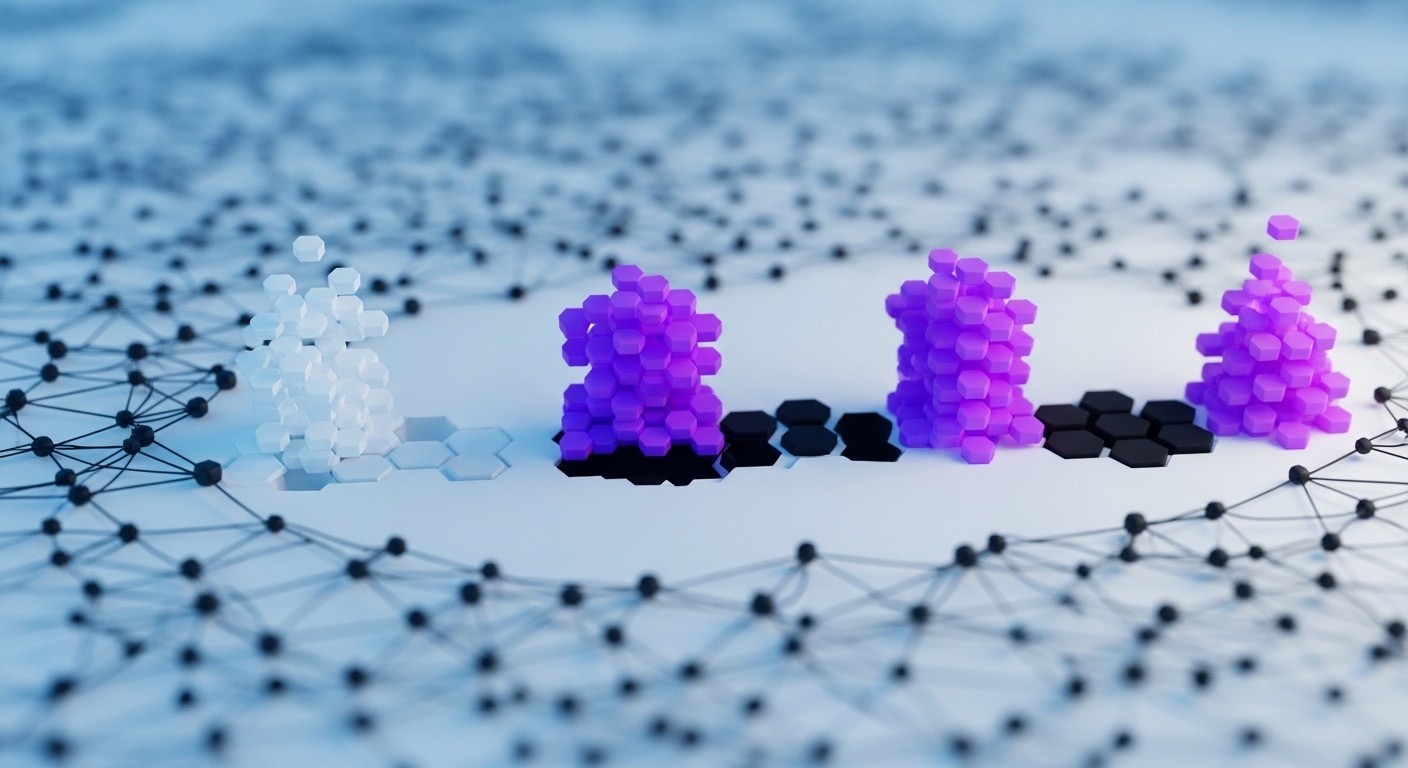 Connected data clusters on a semantic network, symbolizing brand authority, source relationships, and citation visibility in generative AI search results.