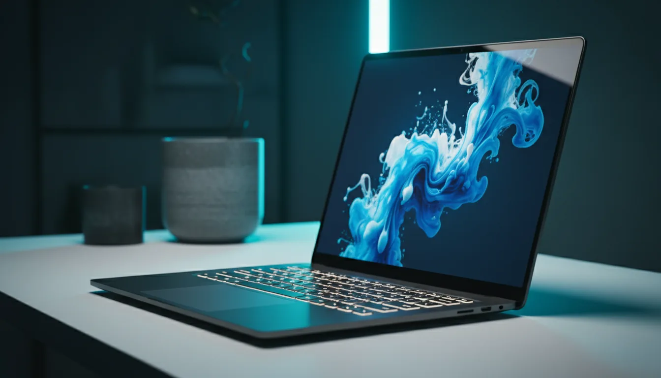 DSLR photograph of a sleek, dark metallic laptop sitting open on a white desk, shot from a side angle. The screen has thin bezels and displays a vibrant abstract wallpaper of swirling electric blue and white liquid smoke. Cinematic contrast lighting with a strong cyan-blue glow from the background casts cool-toned reflections on the laptop's surface. The keyboard is backlit with white light. Shallow depth of field with the background softly blurred, showing a grey, textured cylindrical pot.