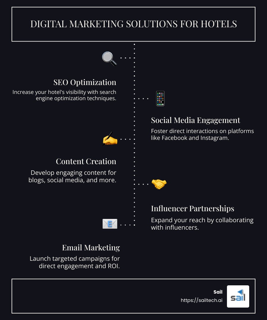 Infographic showing digital marketing solutions for hotels with icons for social media, SEO, content creation, email marketing, and paid advertising, with arrows indicating integration and results such as increased visibility and bookings - digital marketing solutions for hotels infographic infographic-line-5-steps-dark
