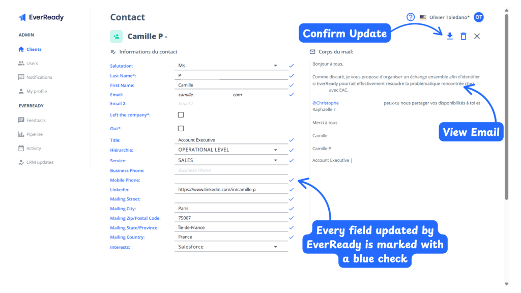 The detail panel of a contact update in the EverReady dashboard, with the editable fields