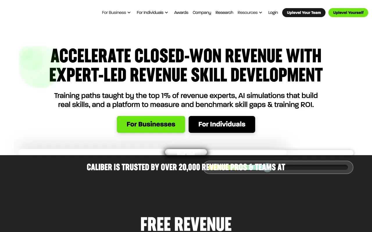 Caliber homepage, formerly pclub.io, expert-led revenue skill development