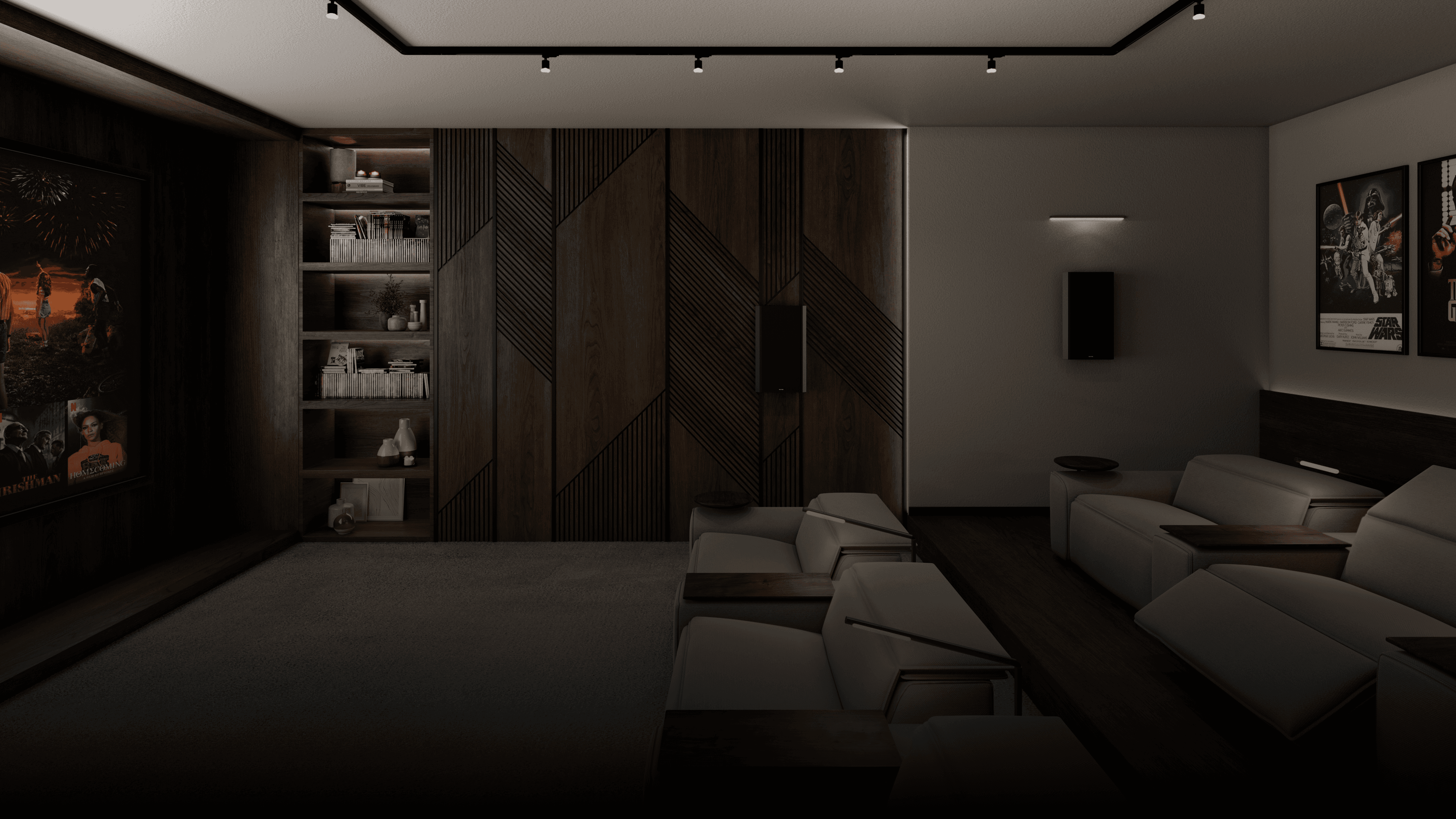 Home theater with tiered seating and movie posters.