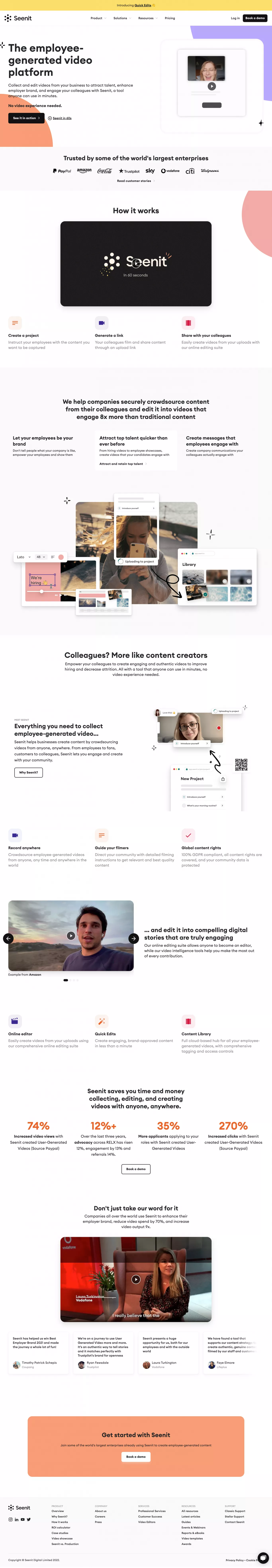 The employee-generated video platform landing page screenshot showcasing HR and Tech design
