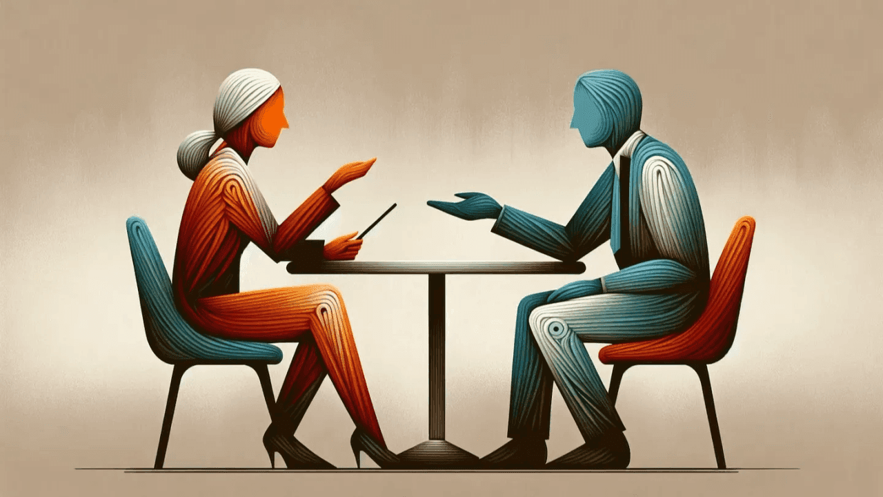 Two abstract figures in conversation across a small table, in orange and teal tones.