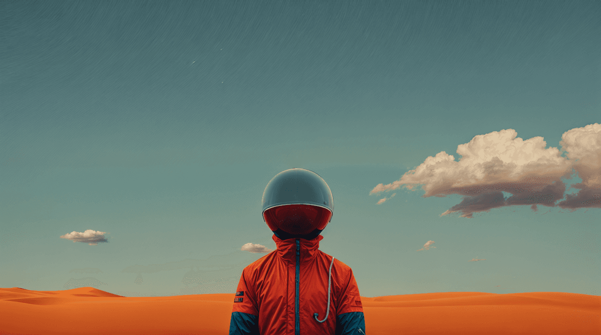 A person in a red jacket and helmet stands in a desert.