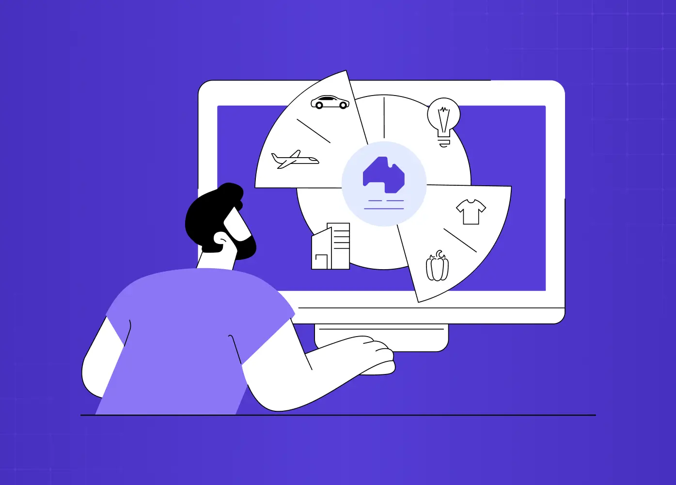 Illustration of a user interacting with a computer interface showing multiple product or industry categories, representing personalized user experiences.