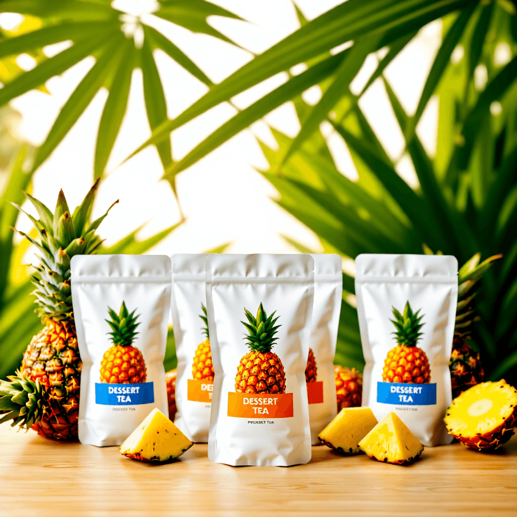 product photography of packets of pineapple vinegar dessert tea