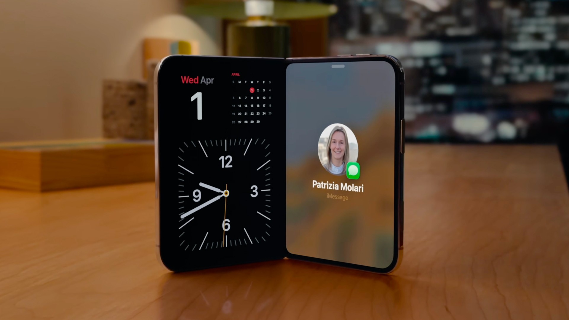 iPhone Duo half open, standing up in StandBy Mode showing Calendar and Clock widgets
