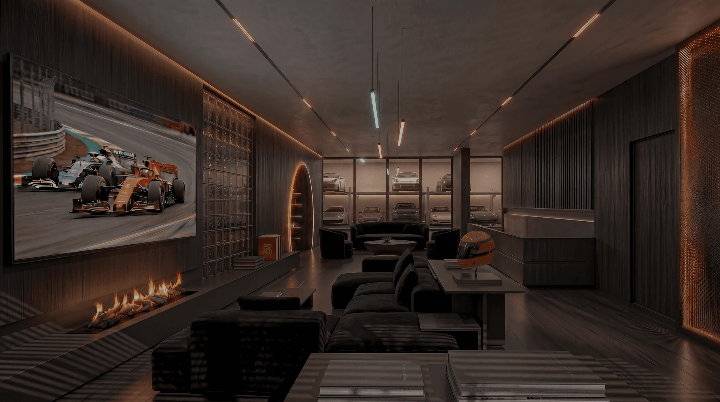 Upper members lounge interior render showing lounge spaces and view of storage area inside facility, modern architecture, sleak moody design elements, led lighting to create the mood