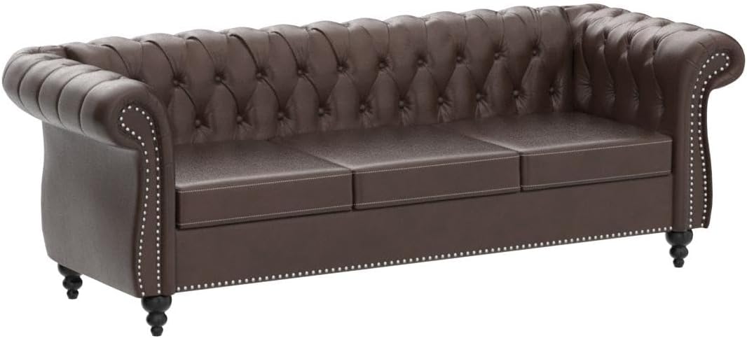 Sophisticated modern Chesterfield sofa featuring button tufting and sleek lines, ideal for adding a touch of elegance and warmth to any living area.