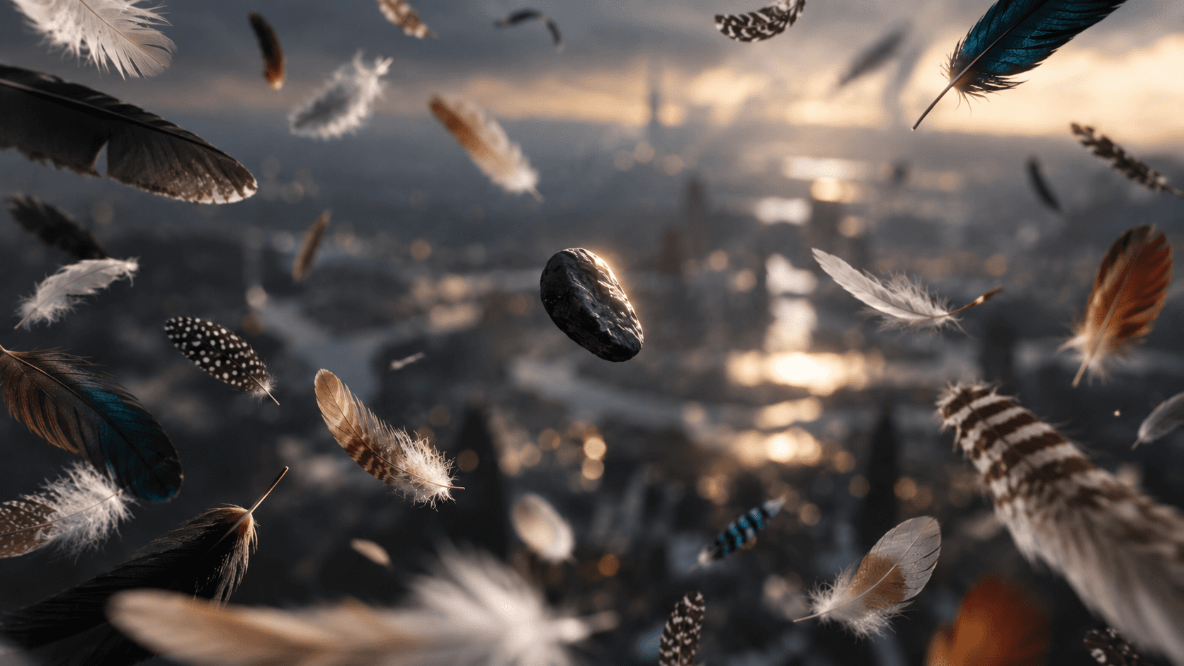 A stone suspended among feathers above a city, expressing weight and competing pressures.