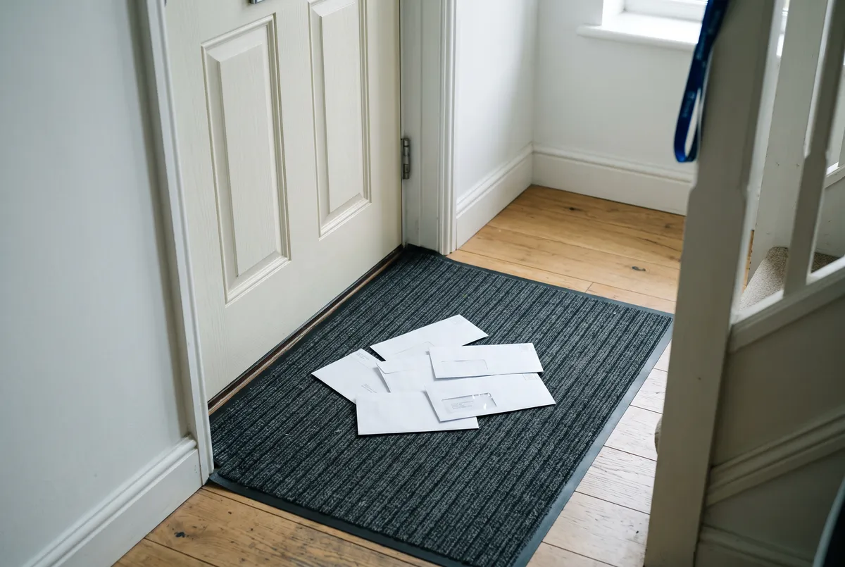 Several envelopes lying on a doormat inside a front door