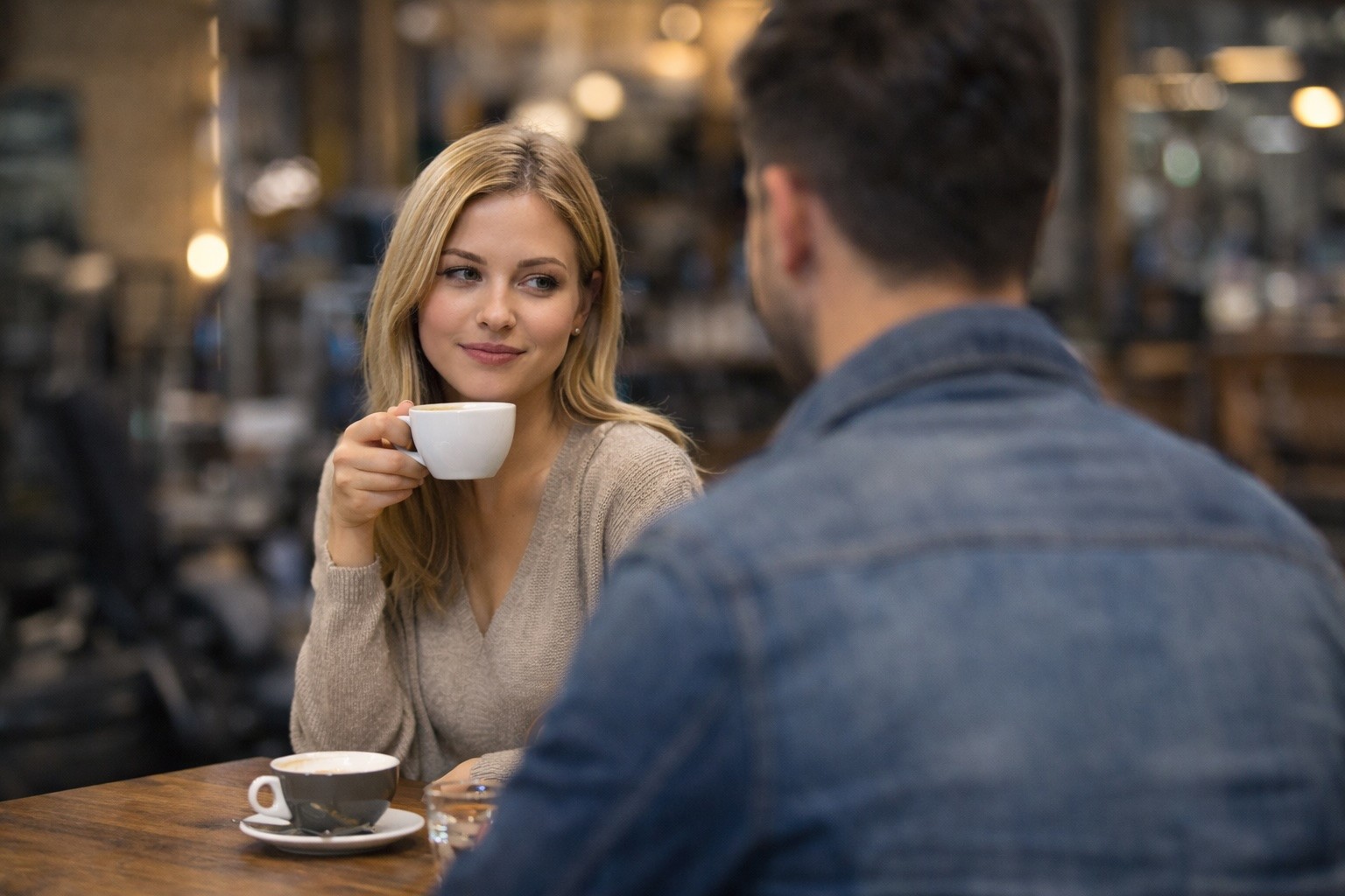 eine frau trinkt caffee zusammen mit einem mann in einem caffee