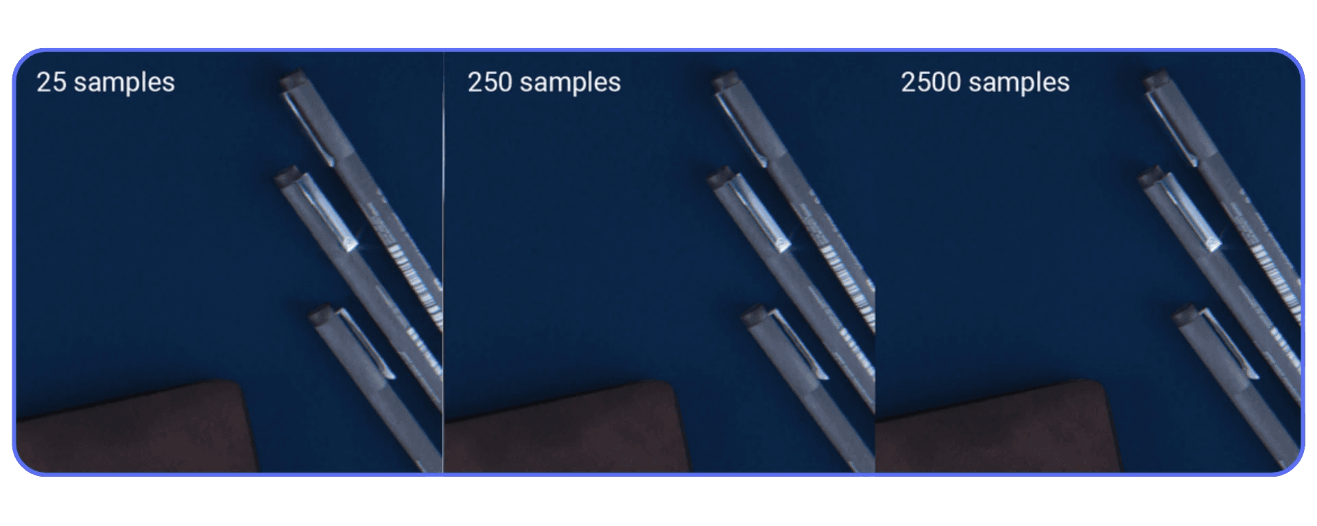Blender Cycles render comparison showing noise reduction at increasing sample counts